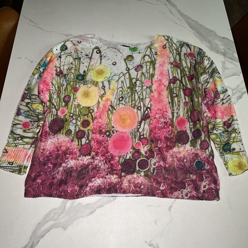 Carre Noir Sweater Womens Large Novelty Floral Lightweight Art to Wear Artsy EUC